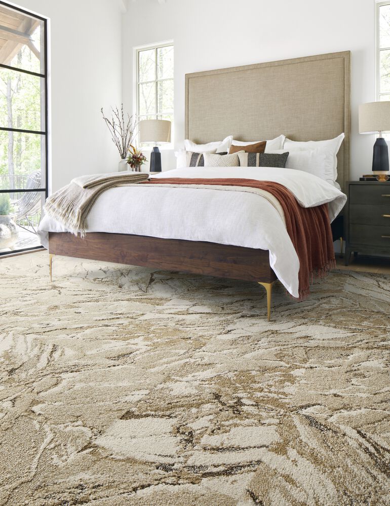 Bedroom with FLOR Zera area rug shown in Pearl